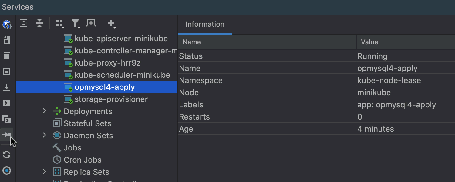 Port forwarding action in the Services view